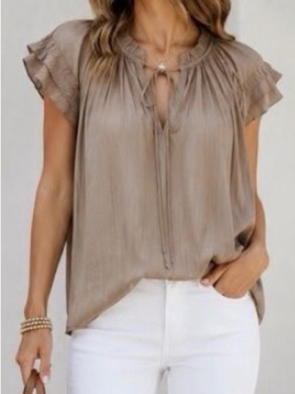 Evereve Taupe Pleated Tie-Neck Ruffle Sleeve Blouse sz S